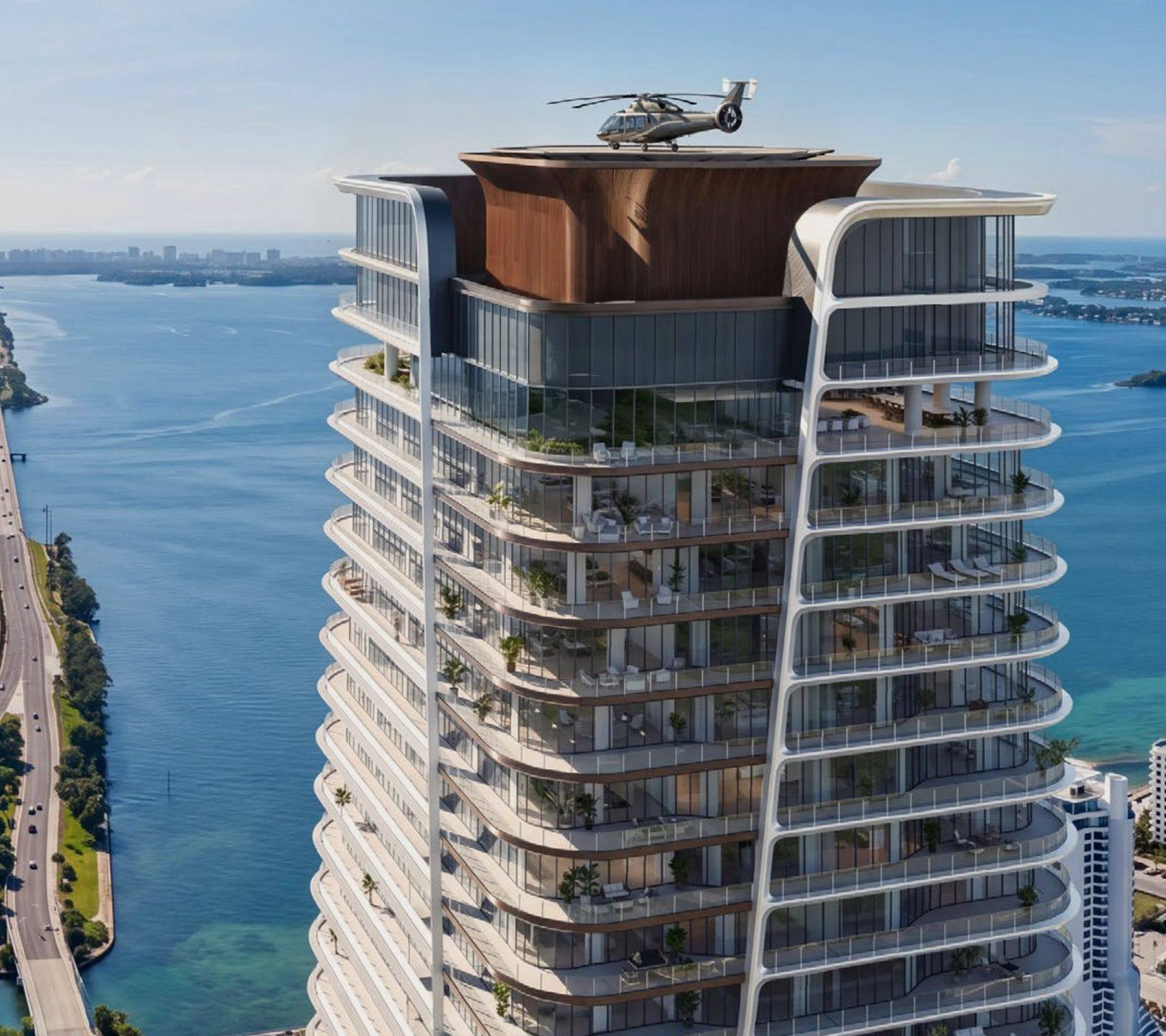 Rendering of the tower crown and rooftop helipad above Biscayne Bay