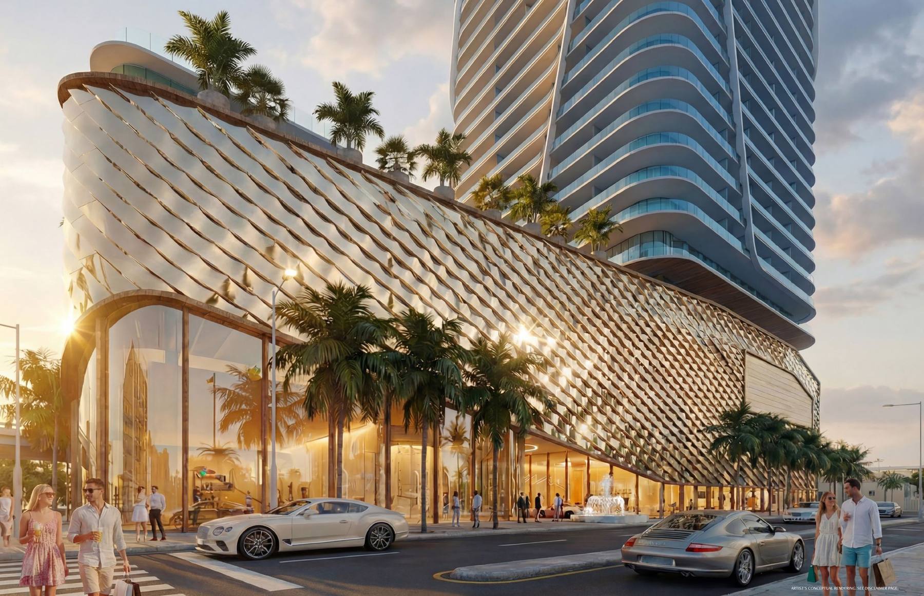 Rendering of Anantara Residences Miami seen from the water, a curved glass tower on its private shoreline