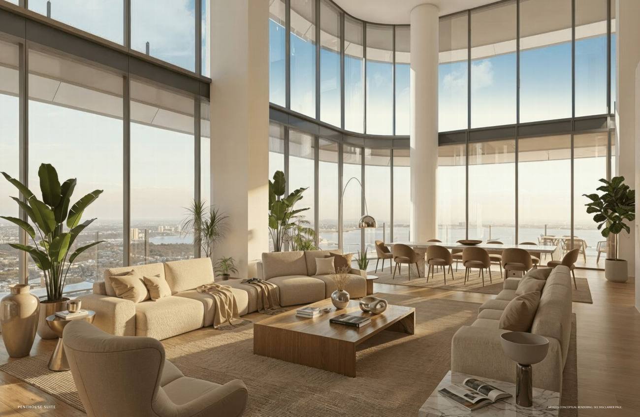 Render del interior de una residencia orientada a la bahía