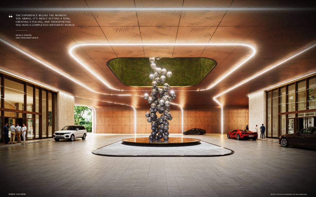 Render del vestíbulo de llegada y el patio de acceso
