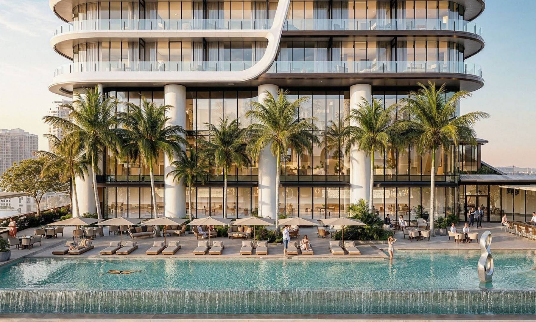 Render de la terraza de amenidades y las albercas en Anantara Residences Miami