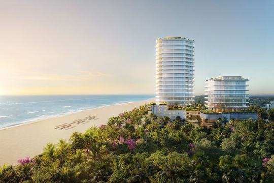 Rendering of the two Ocean Terrace towers rising from parkland beside the beach