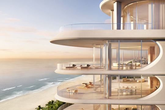 Rendering of The Shore Club Private Collection on the beach among its art deco neighbors