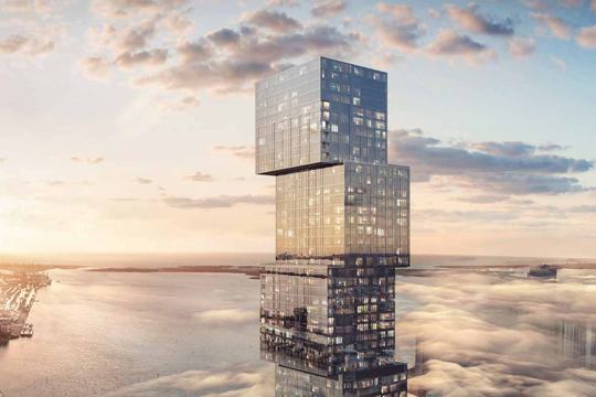 Rendering of Waldorf Astoria Residences Miami rising over downtown