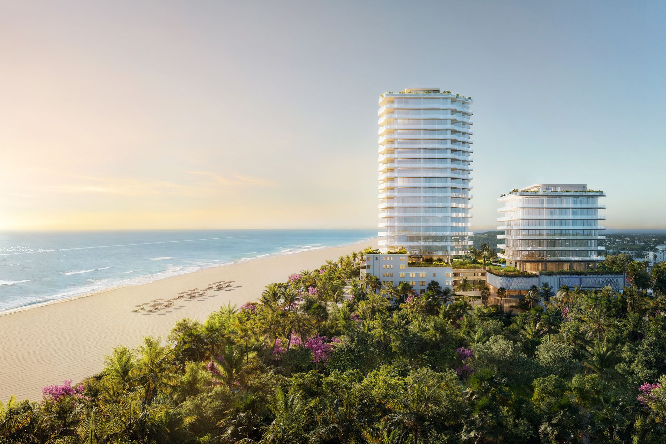Rendering of the two Ocean Terrace towers rising from parkland beside the beach
