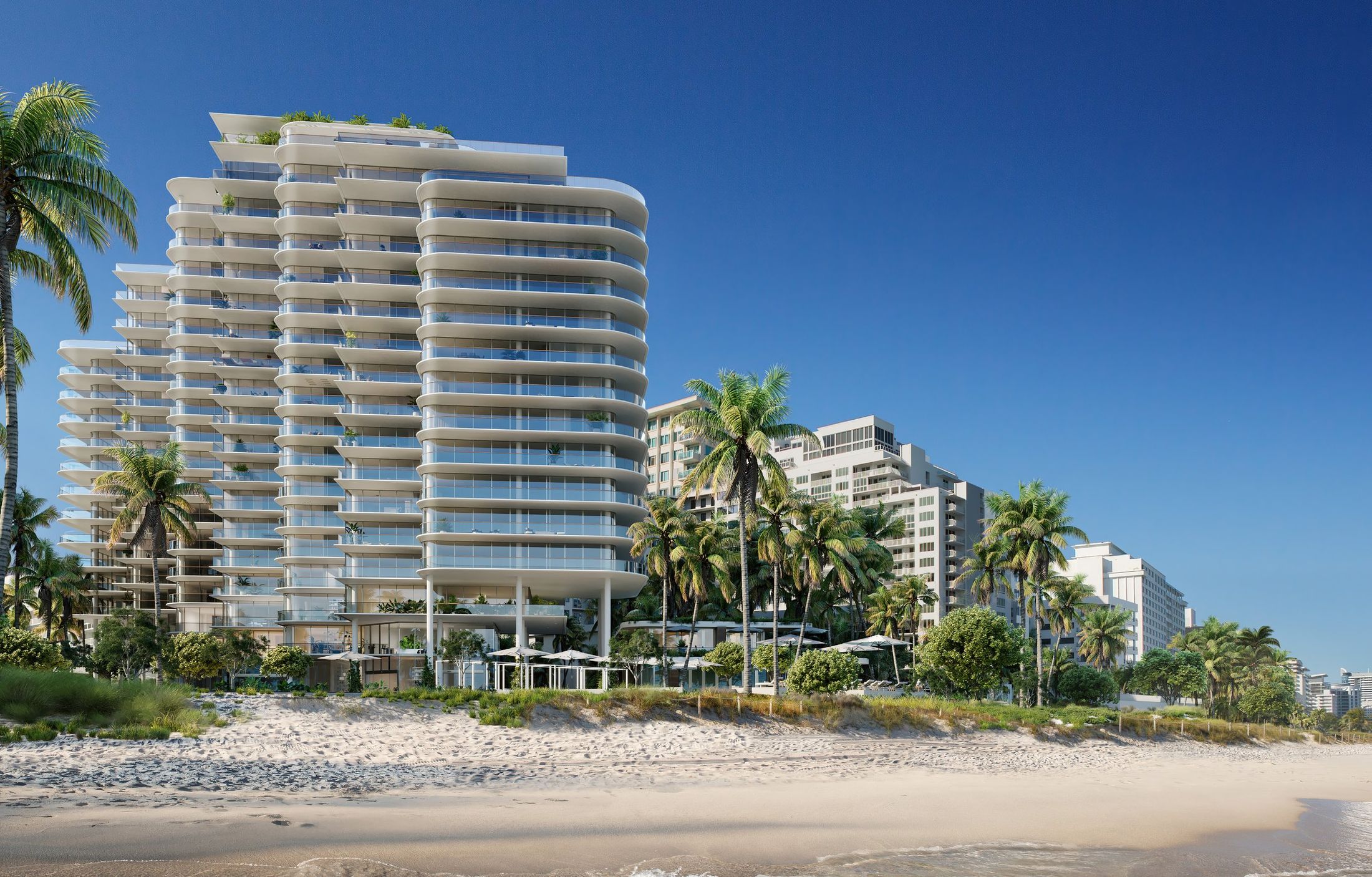 Rendering of The Shore Club Private Collection on the beach among its art deco neighbors