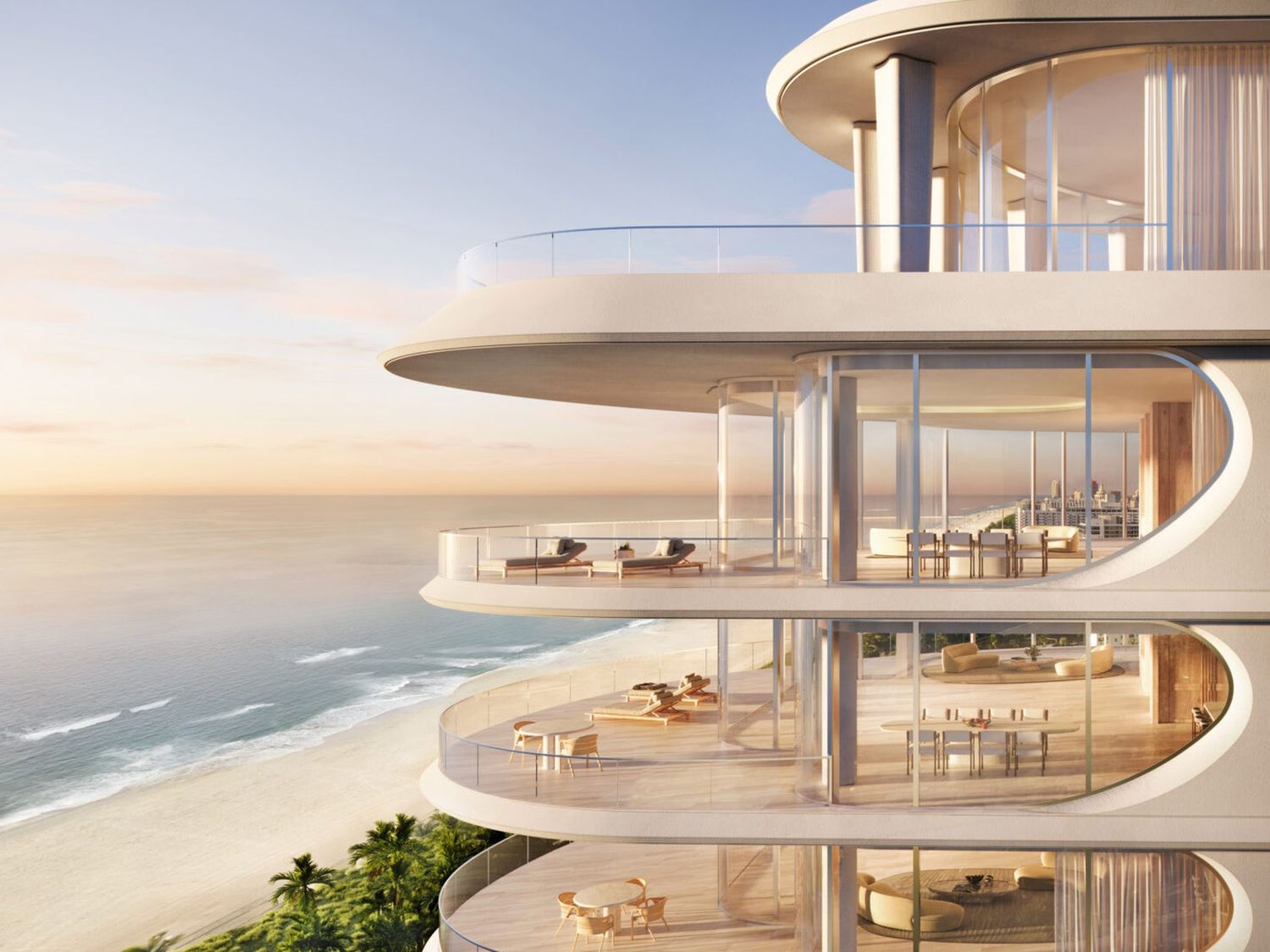 Rendering of The Shore Club Private Collection on the beach among its art deco neighbors