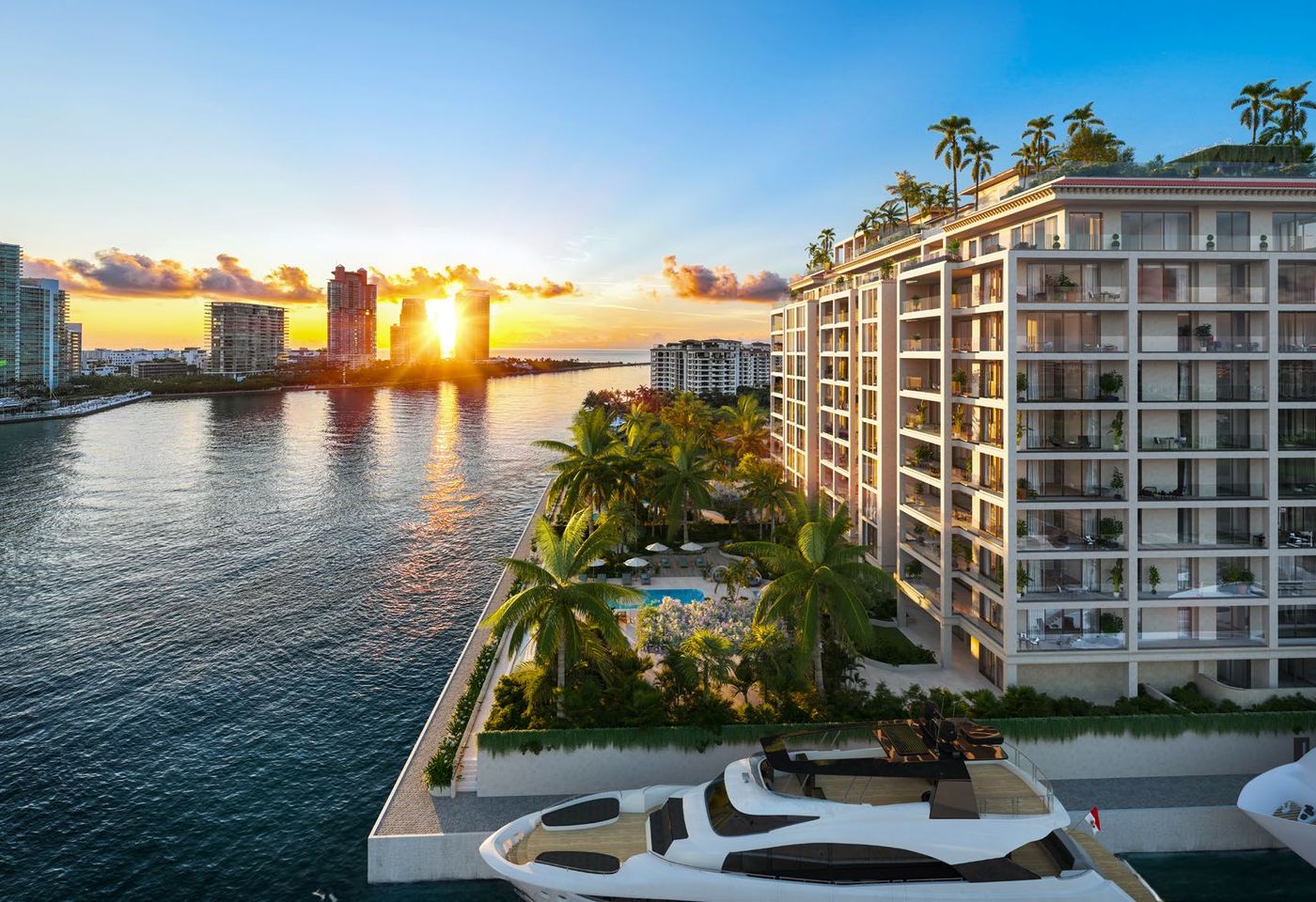 Rendering of Six Fisher Island seen from the water at sunset