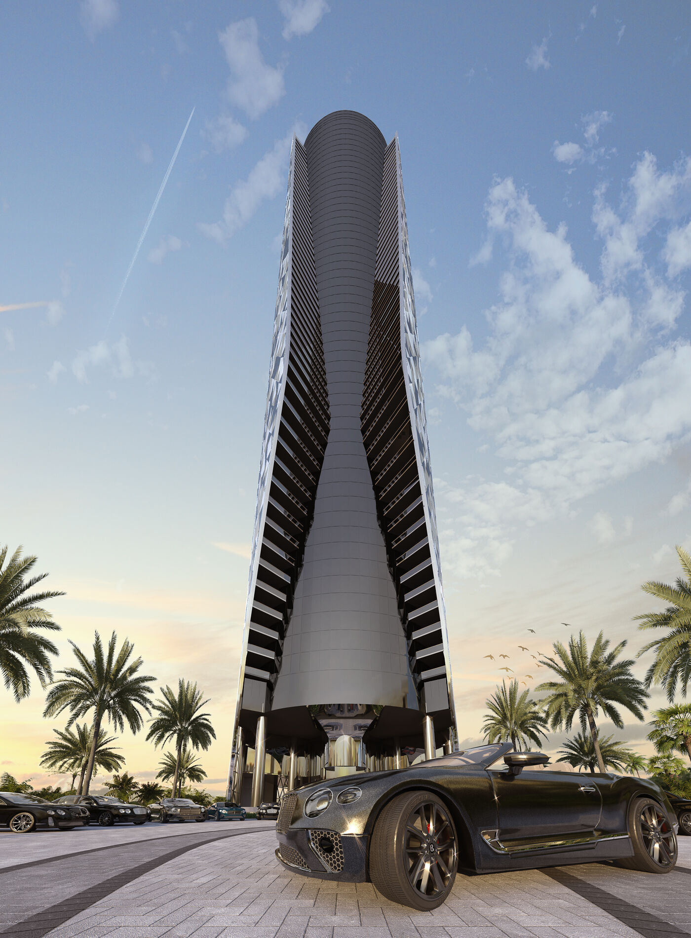Render de la torre desde el patio de acceso, mirando hacia arriba toda la altura de la fachada