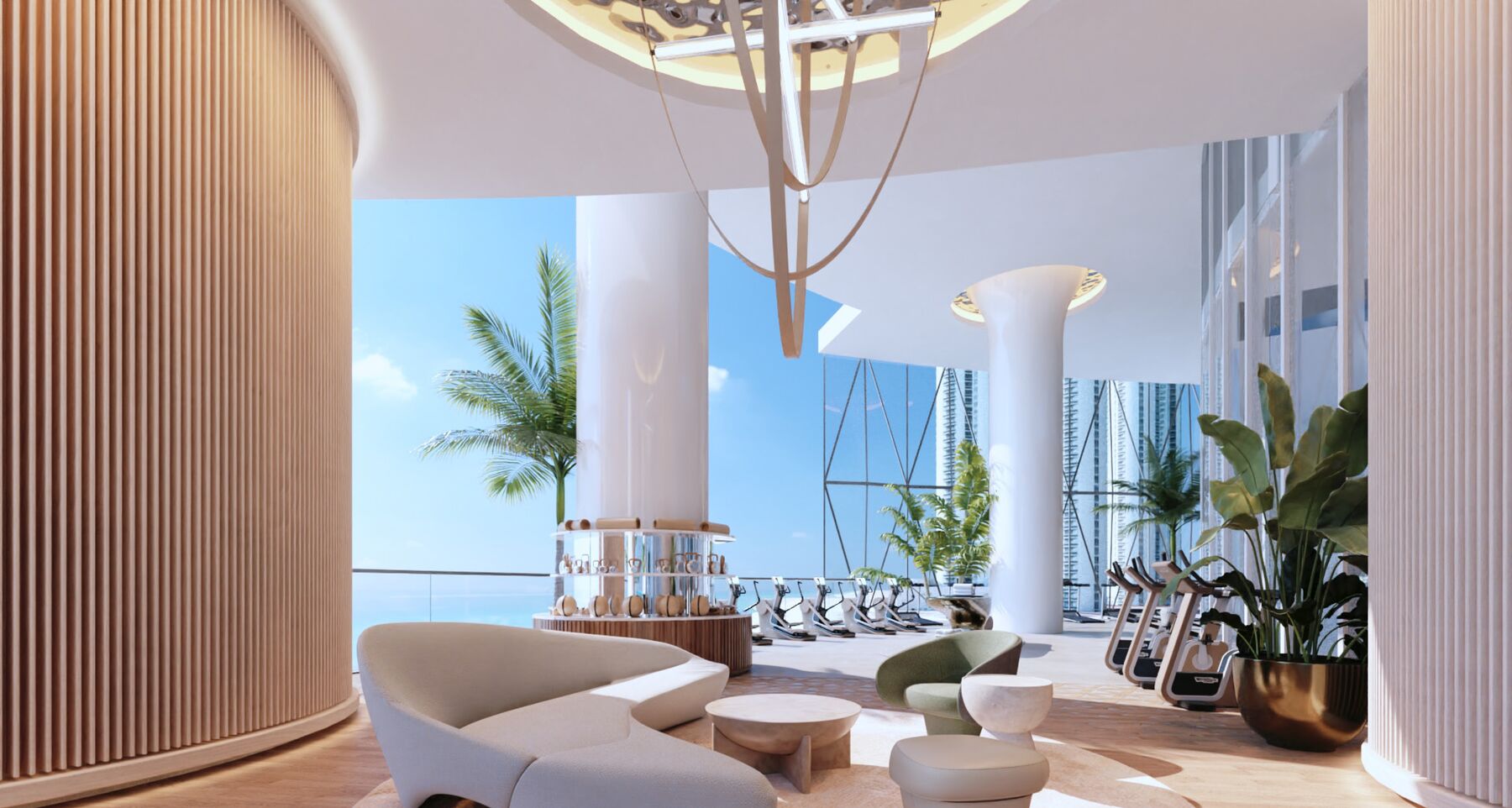Rendering of the wellness lounge beside the fitness floor