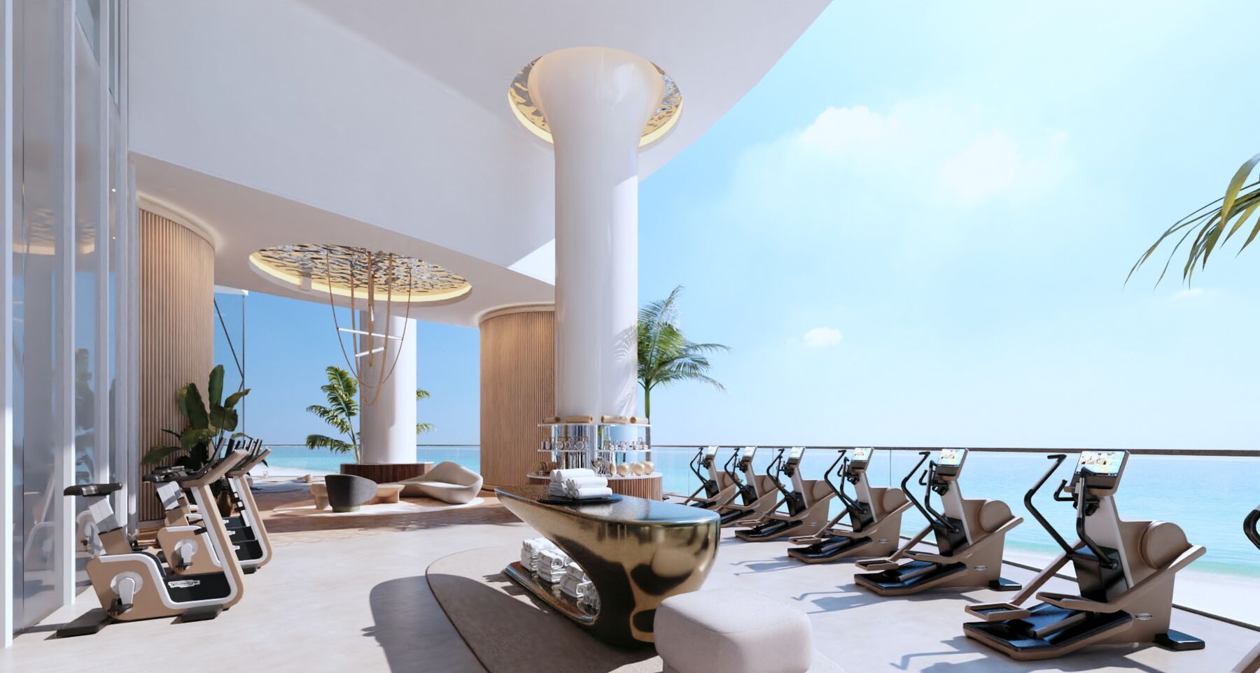 Render de la terraza de gimnasio al aire libre sobre el mar