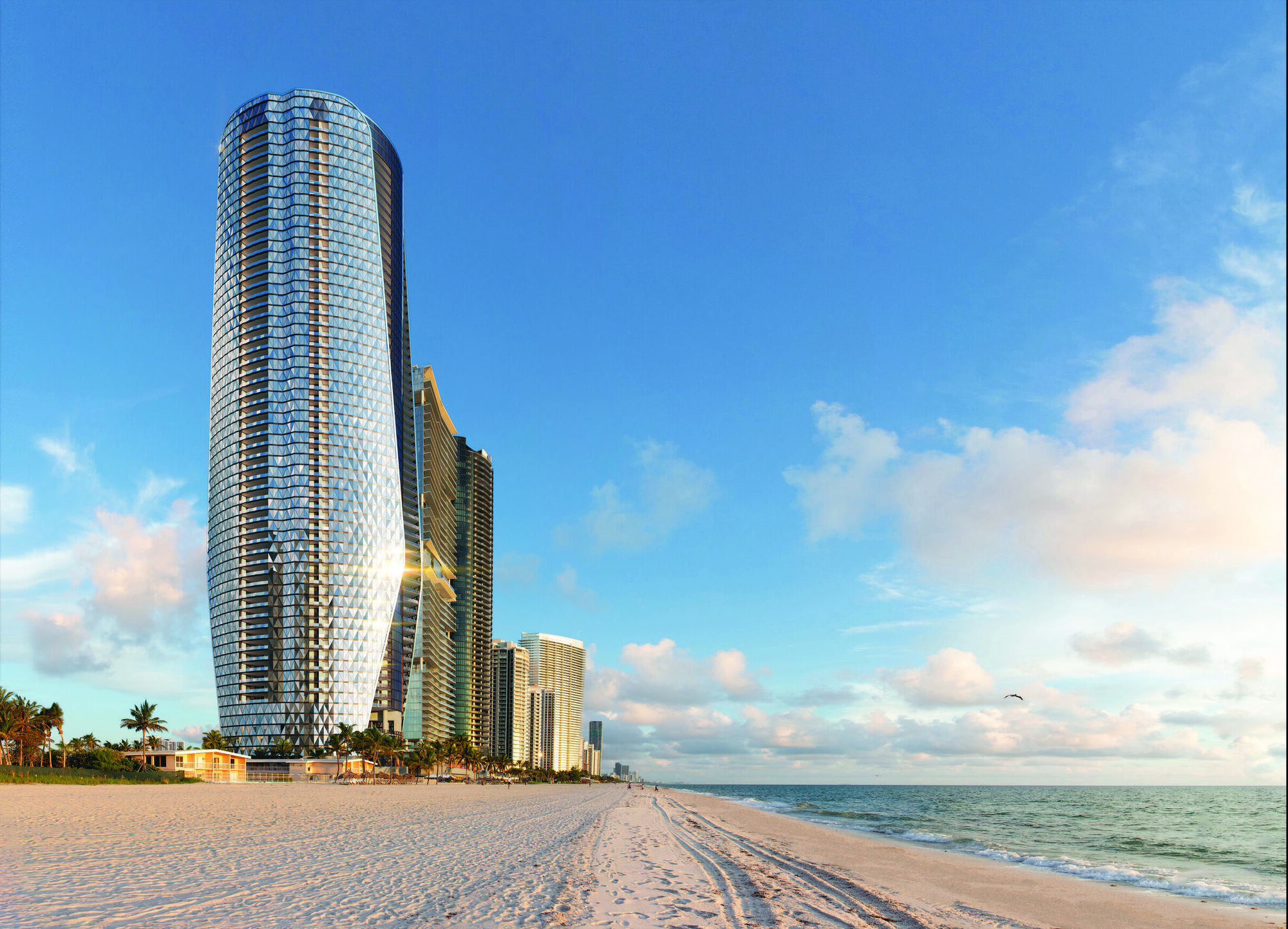 Render de Bentley Residences en Sunny Isles Beach, la torre de vidrio con patrón de rombo sobre la arena