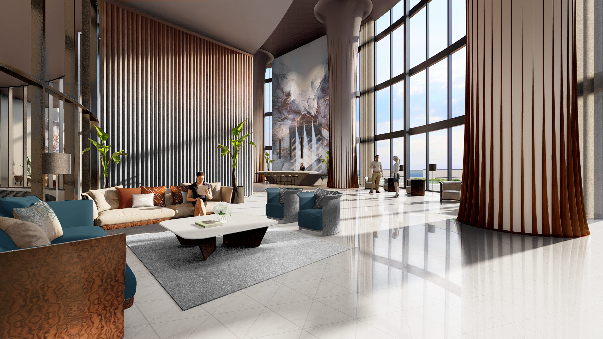 Render del vestíbulo de doble altura con columnas de madera acanalada y un muro de mármol