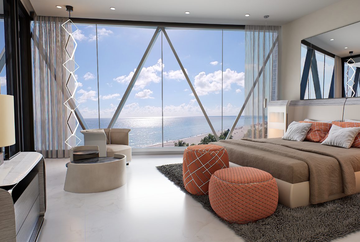 Rendering of a primary bedroom with the diamond facade framing the ocean
