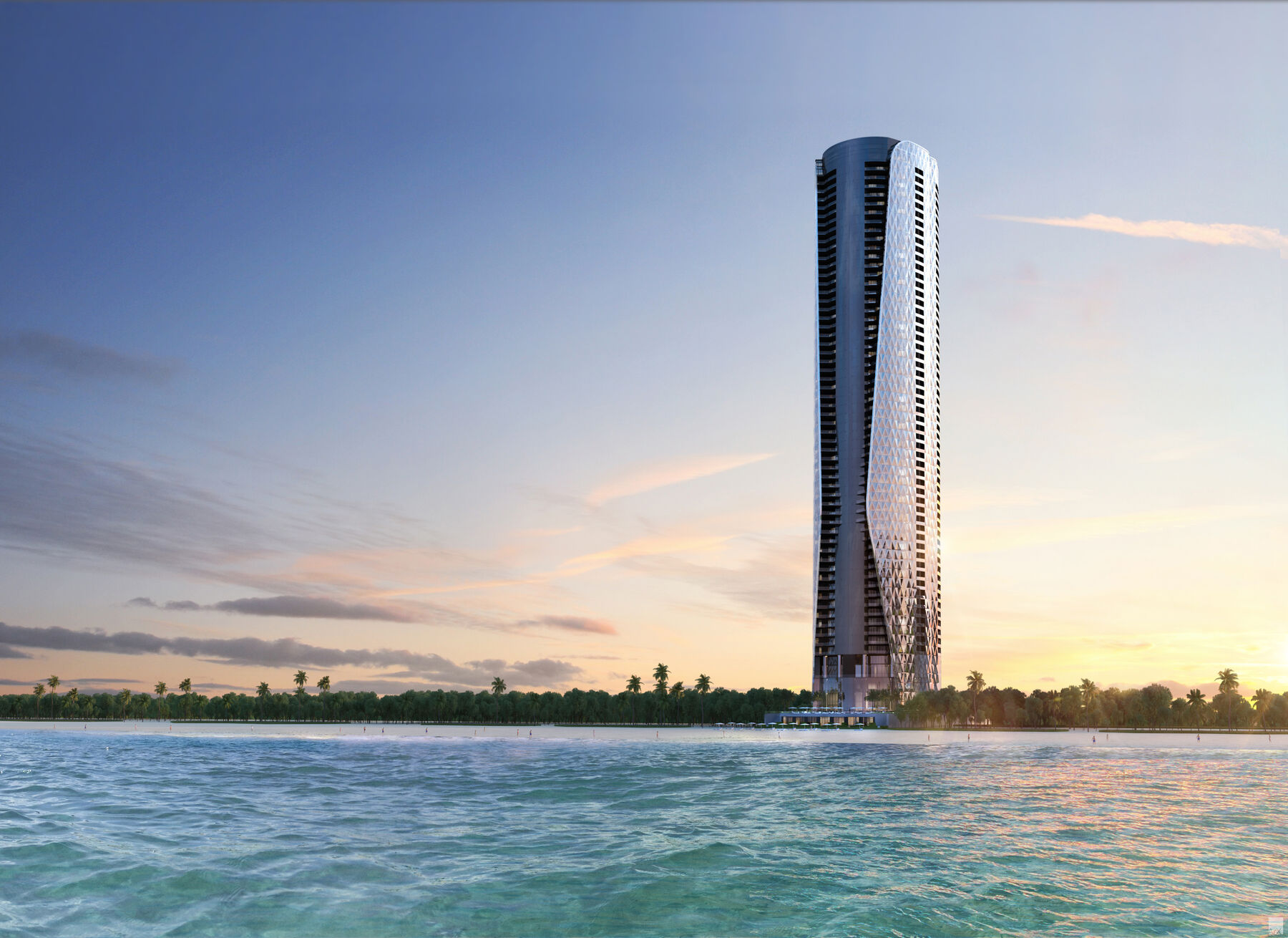 Render de Bentley Residences visto desde el agua al anochecer, con la fachada en rombo atrapando la última luz