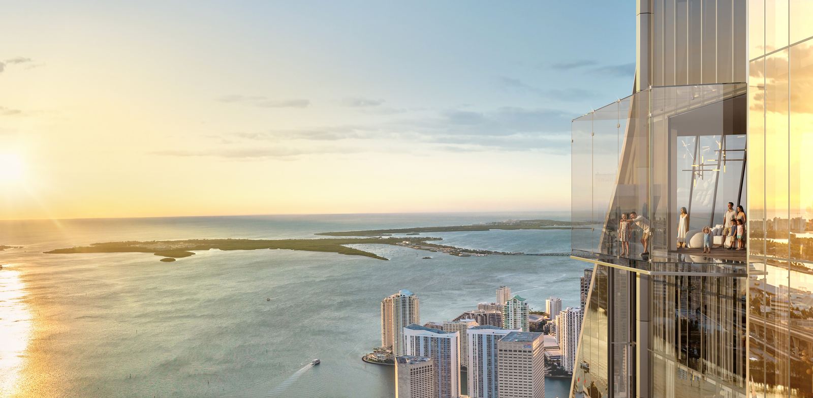 Rendering of the glass observation deck at sunset over the bay
