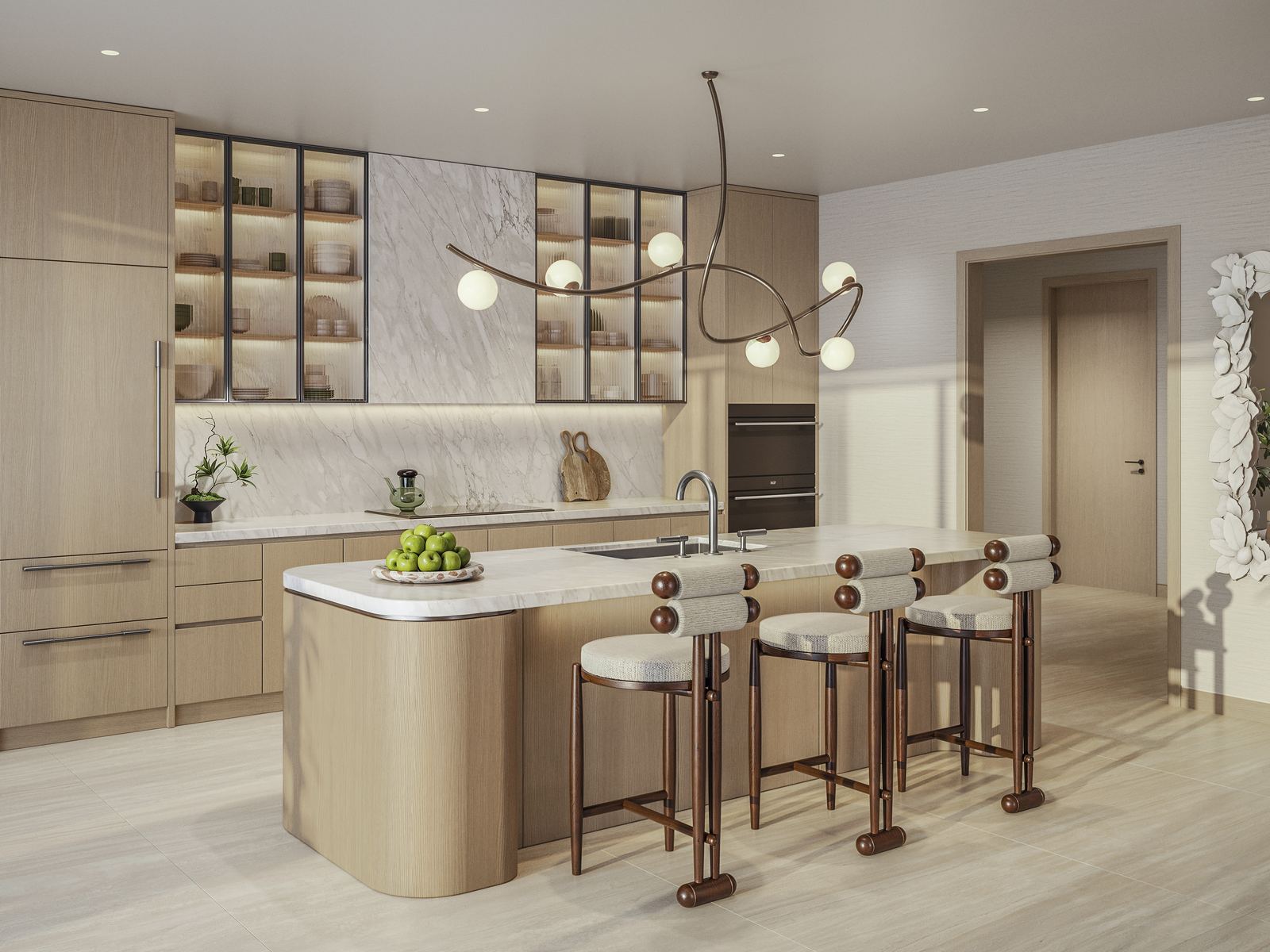 Rendering of a residence kitchen with a curved oak island