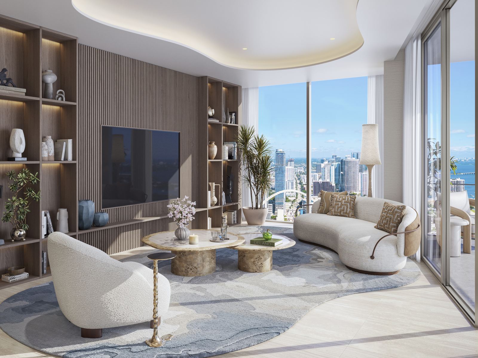 Rendering of a residence living room with the skyline and bay through floor to ceiling glass
