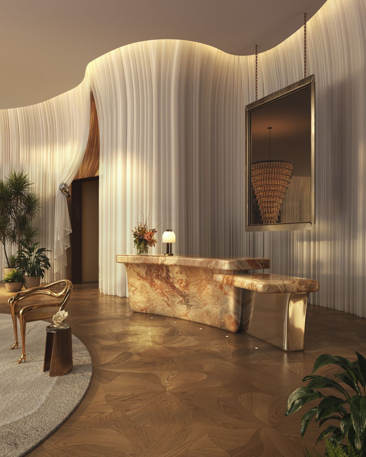Rendering of the curved lobby with a stone reception desk