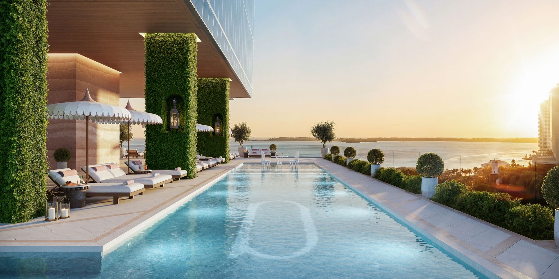 Rendering of the sky pool with planted columns and Biscayne Bay beyond