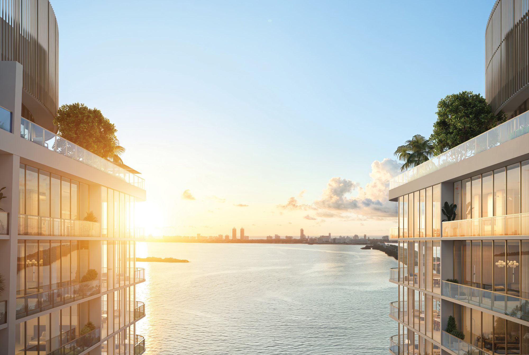 Render de una terraza de Kempinski Residences Miami Design District al atardecer, mirando al este sobre la bahía de Biscayne