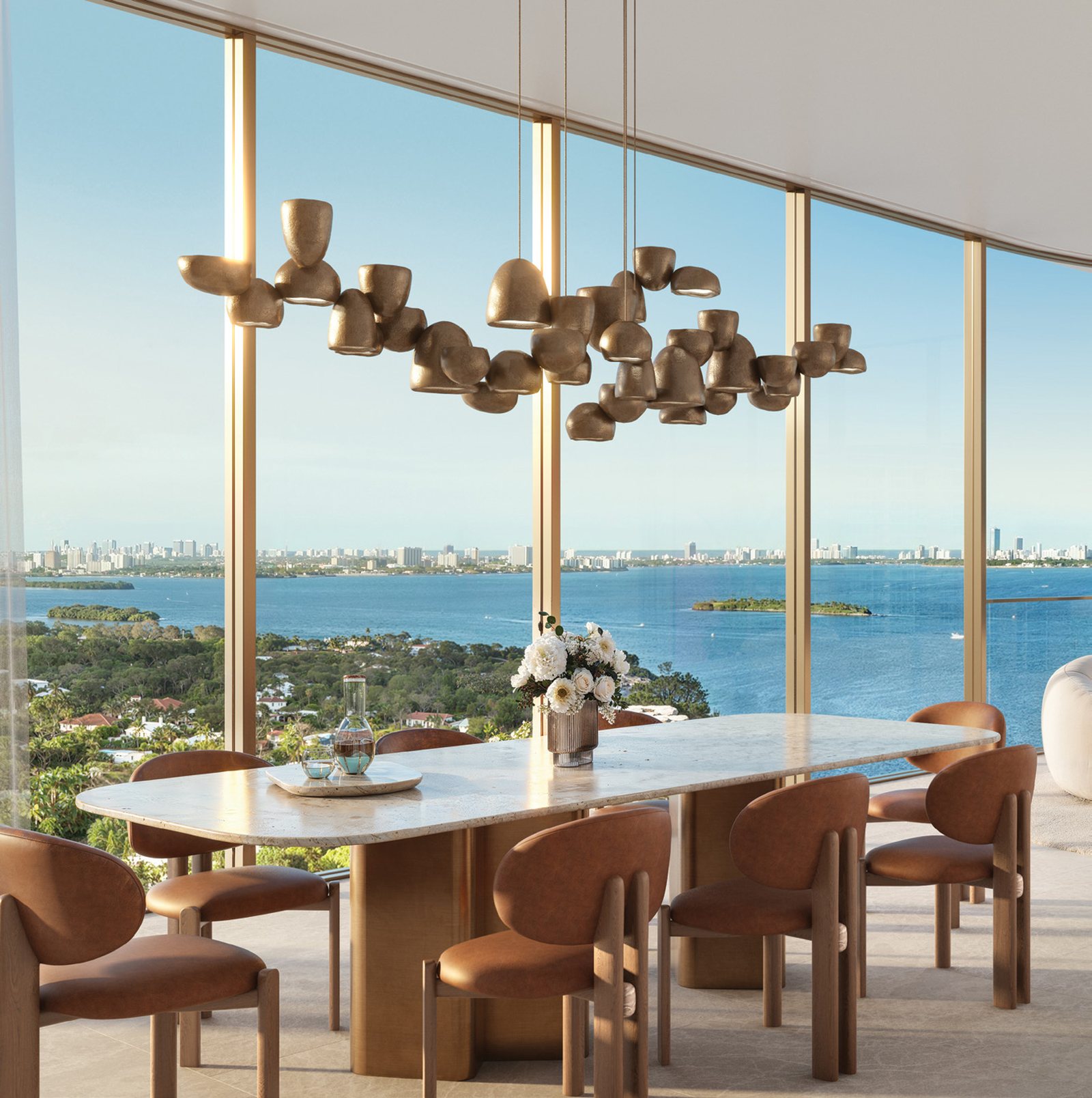 Render de una sala y comedor de Rockwell Group con vidrio de piso a techo hacia la bahía