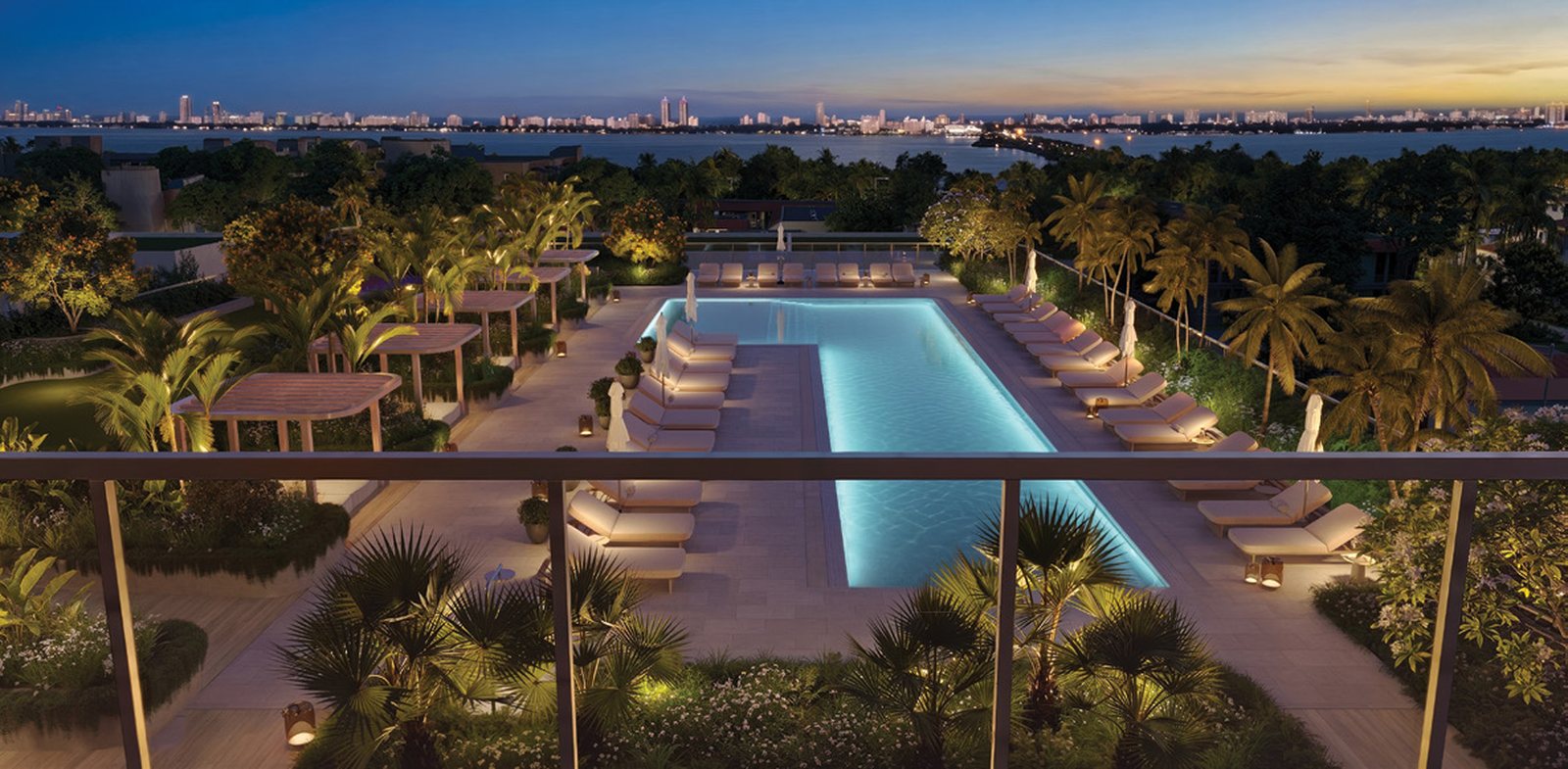 Render de la terraza de alberca al anochecer con las luces de la ciudad al fondo