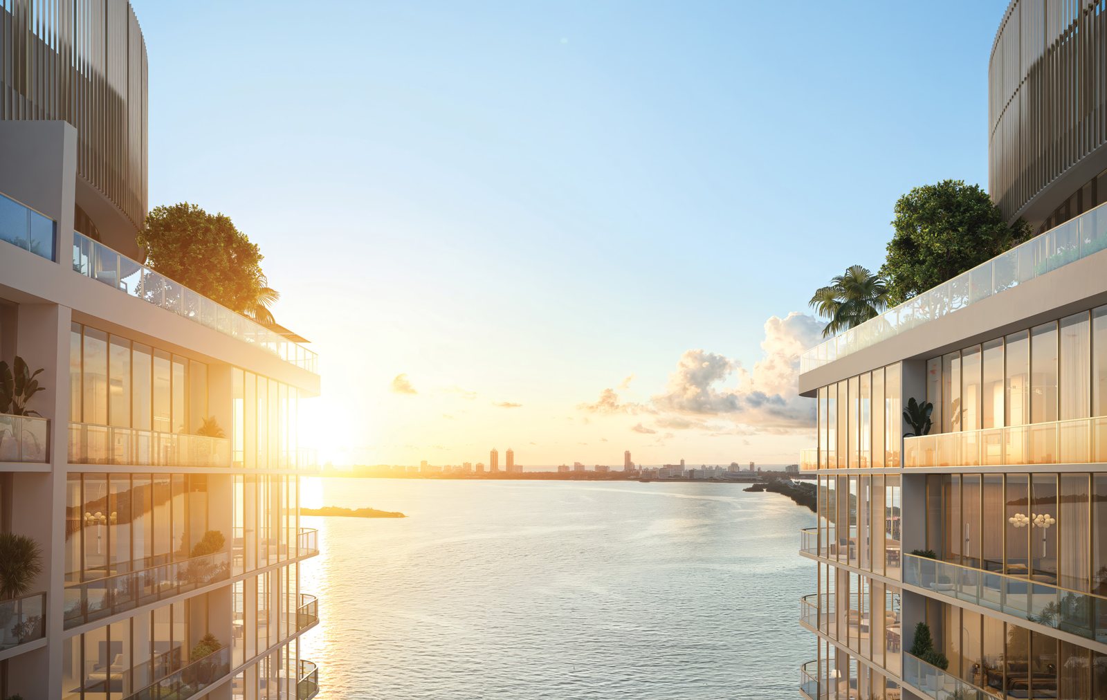 Render de una terraza privada al atardecer con la bahía de Biscayne y el skyline de Downtown al fondo