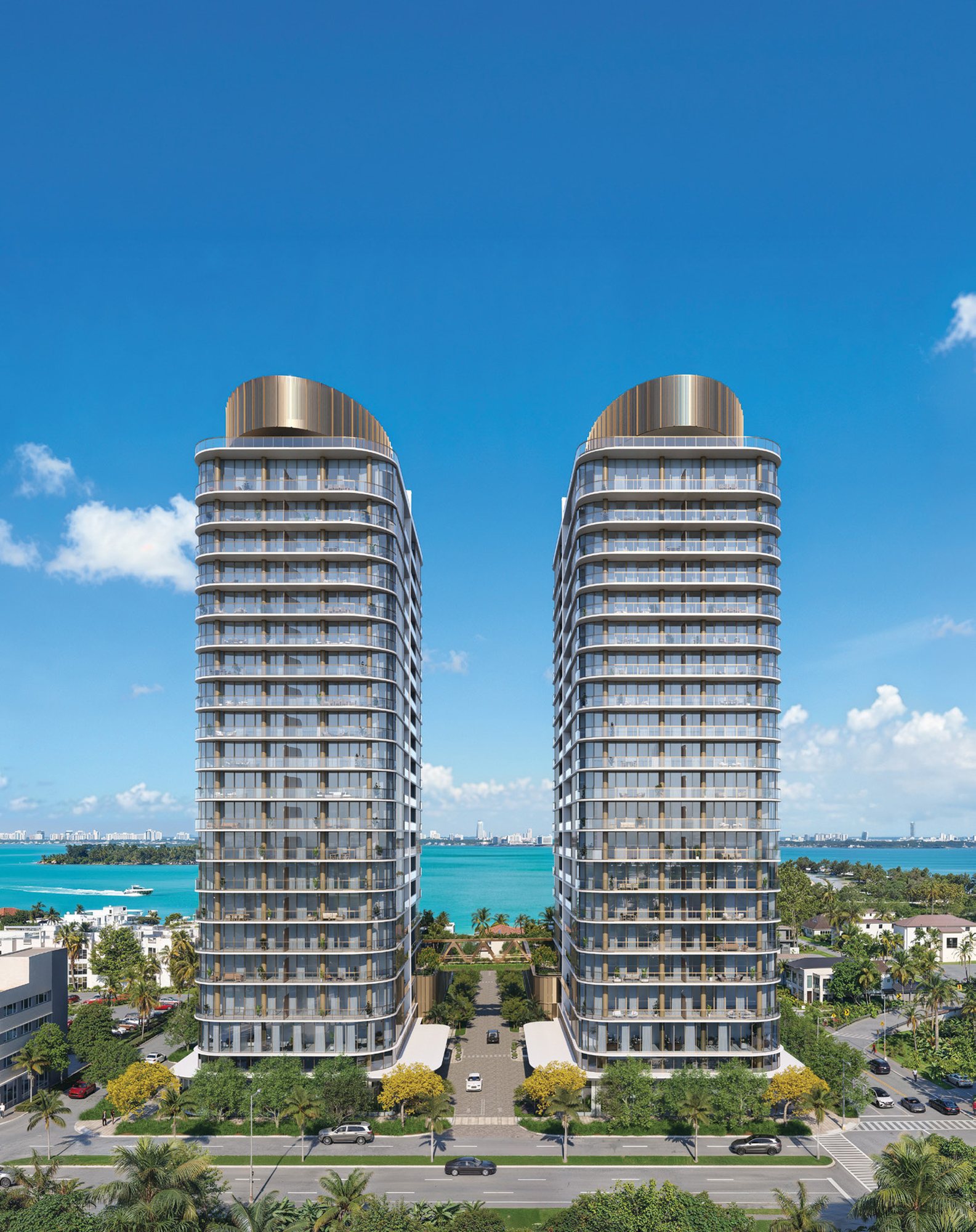 Render de las dos torres vistas desde Biscayne Boulevard con la bahía detrás