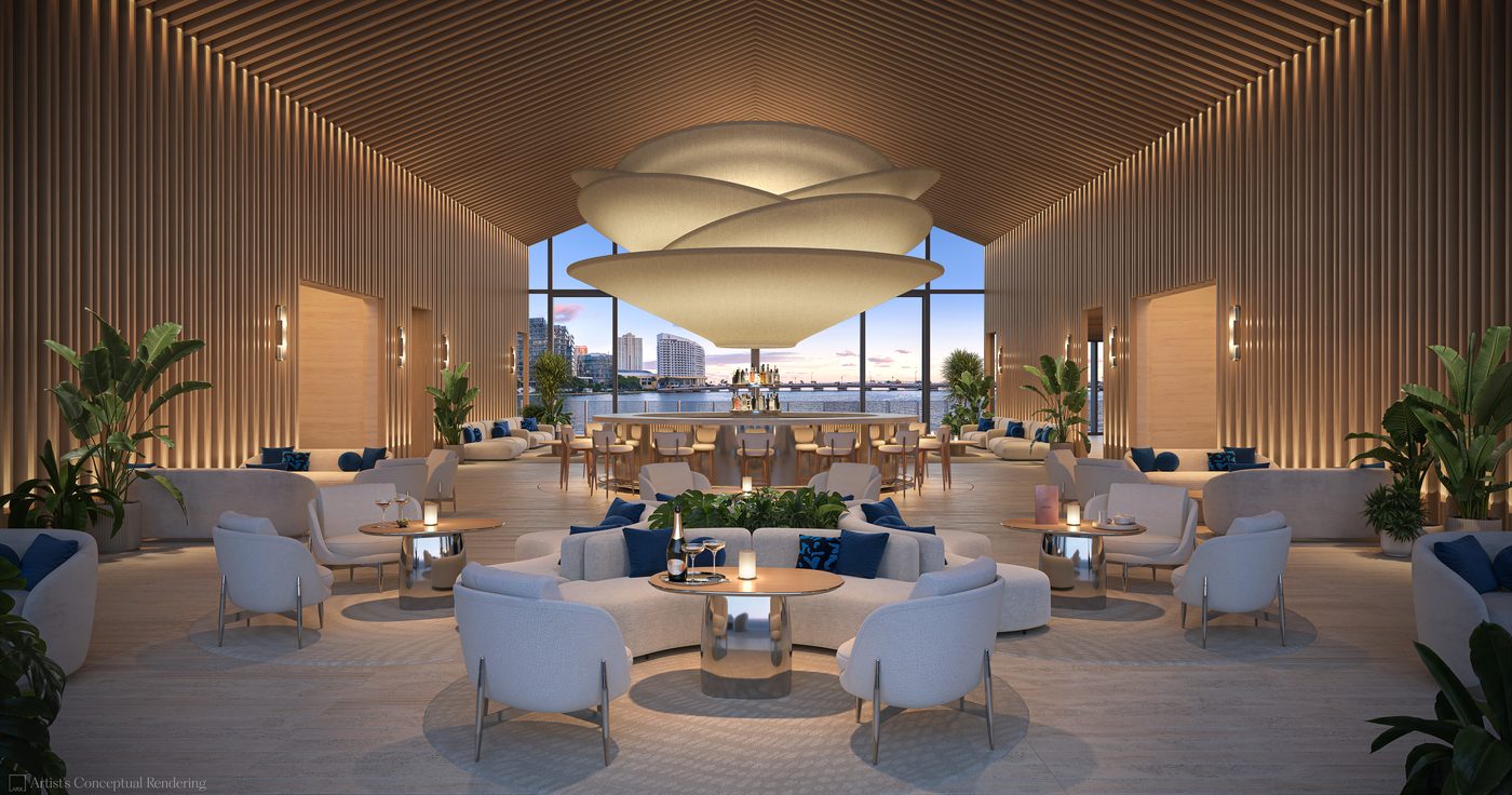 Rendering of the resident Nobu lounge with a bar and bay views