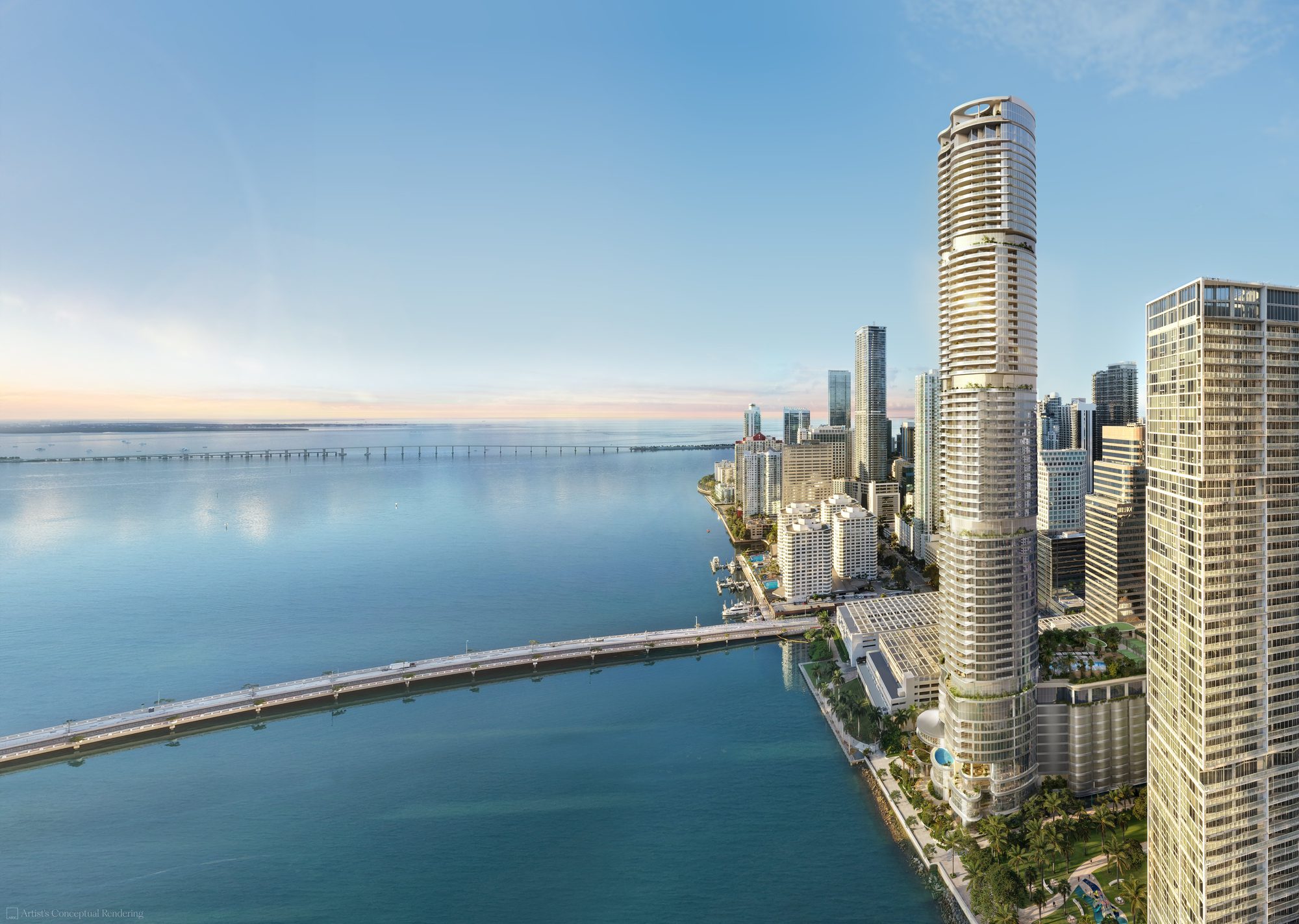 Render aéreo de 619 Brickell by Nobu sobre el frente de agua de Brickell, con la bahía de Biscayne y la Rickenbacker Causeway al fondo