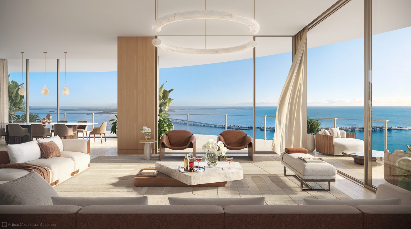 Rendering of a residence living room facing the bay