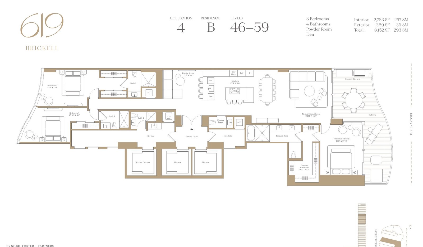 Floor plan of the three bedroom and den residence