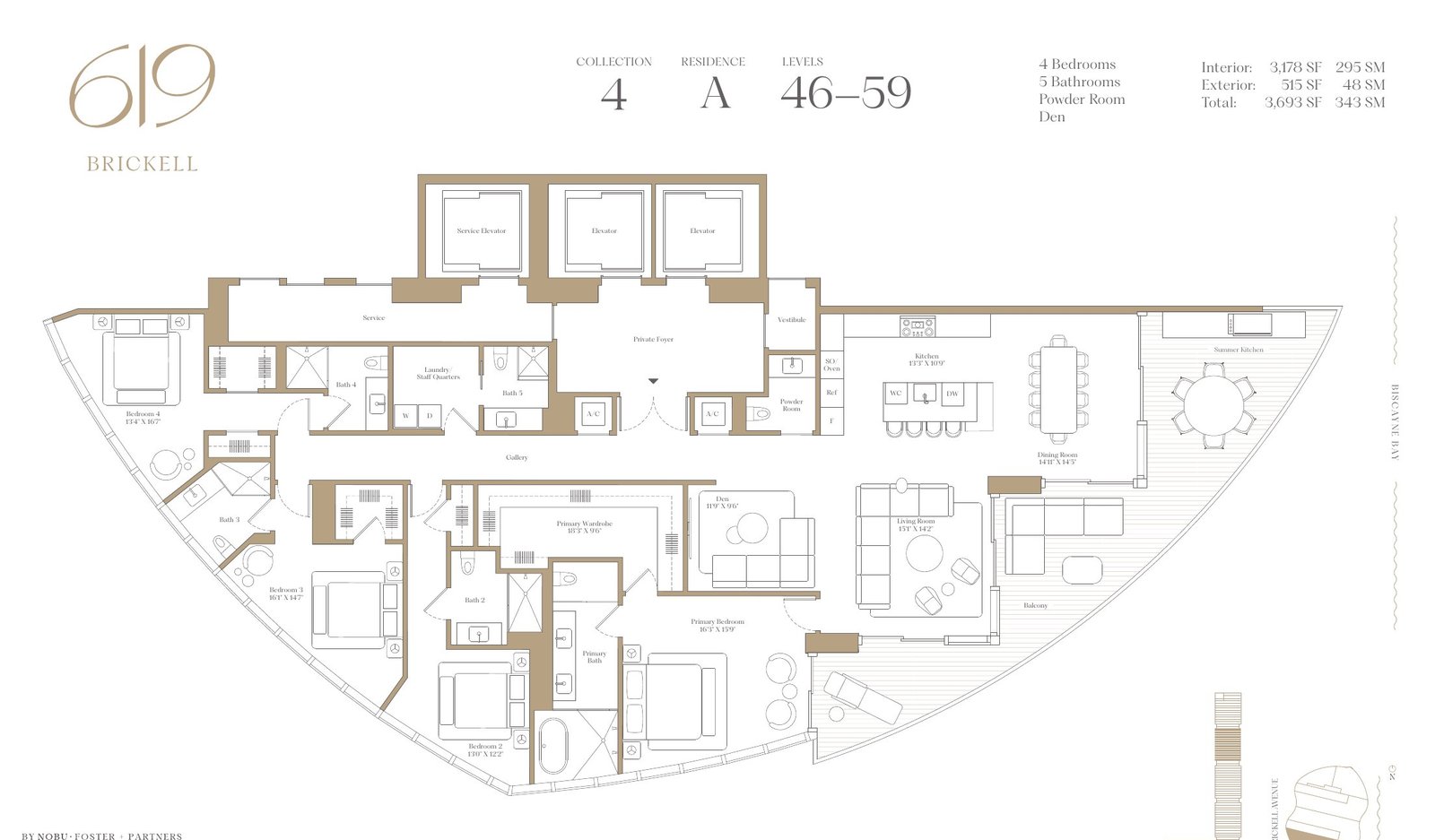 Plano de la residencia de cuatro habitaciones con sala de estar