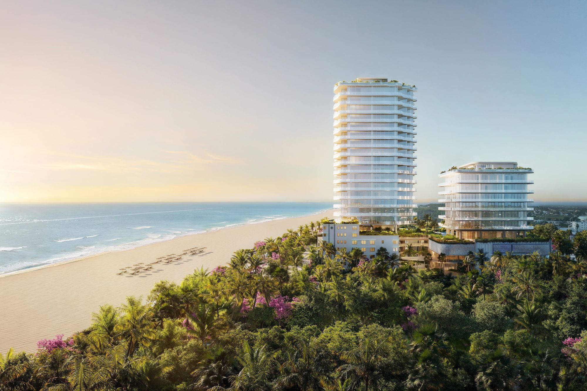 Rendering of the two Ocean Terrace towers rising from parkland beside the beach in North Beach