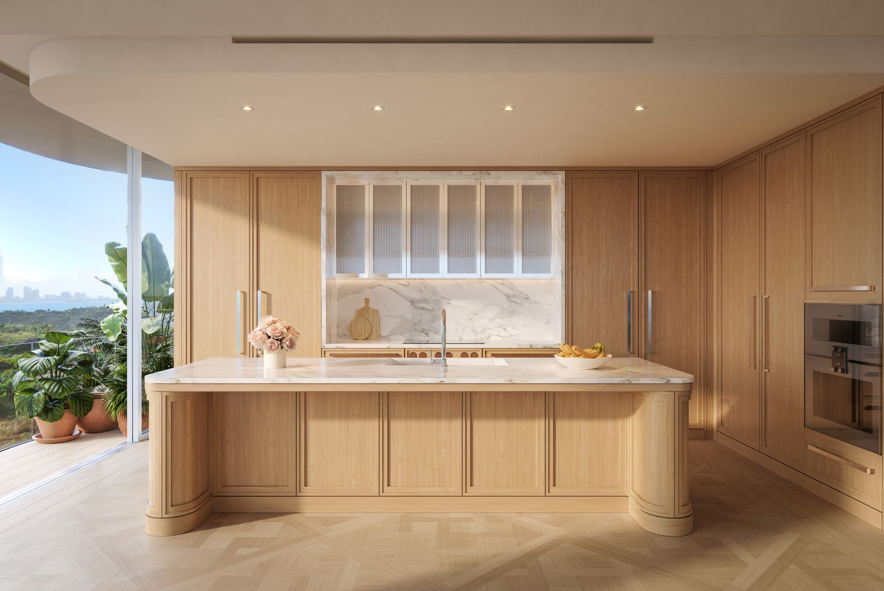 Rendering of a RAMSA kitchen with white marble island and oak cabinetry