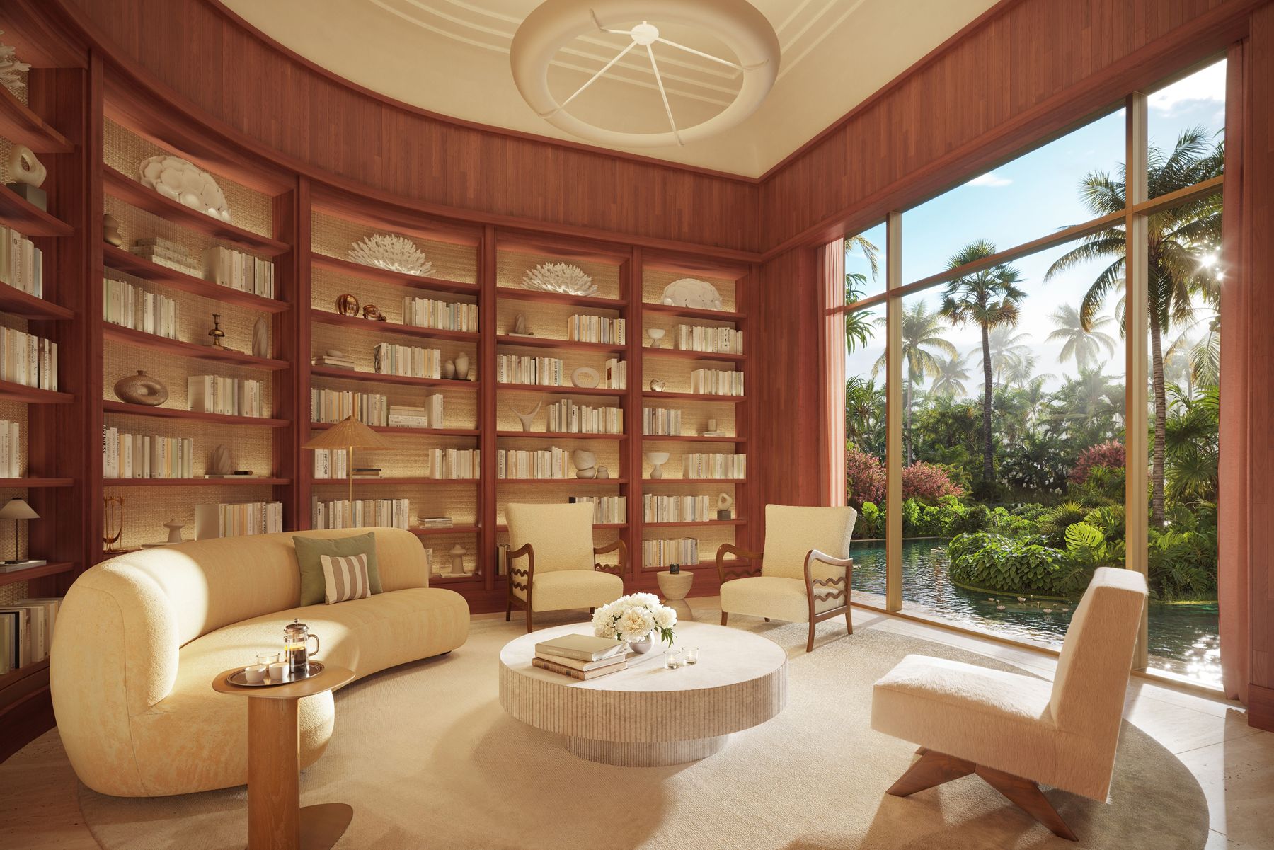 Rendering of the wood-paneled library off the lobby