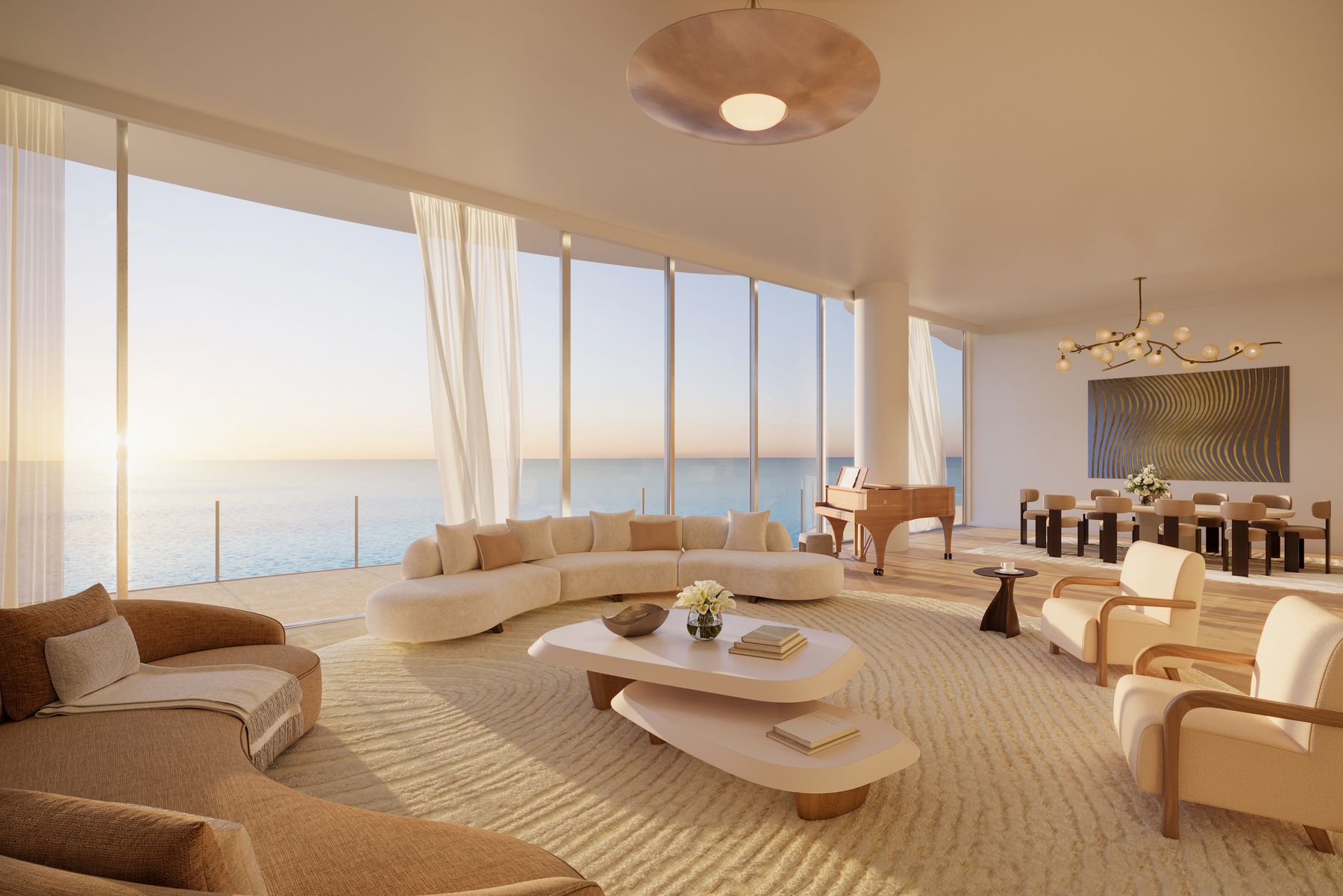 Rendering of a boutique residence living room with ocean view