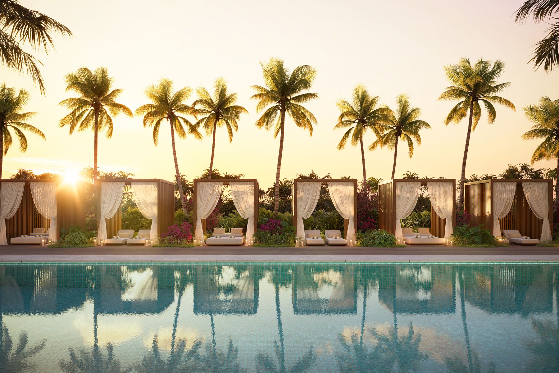 Rendering of the pool with garden cabanas under palms