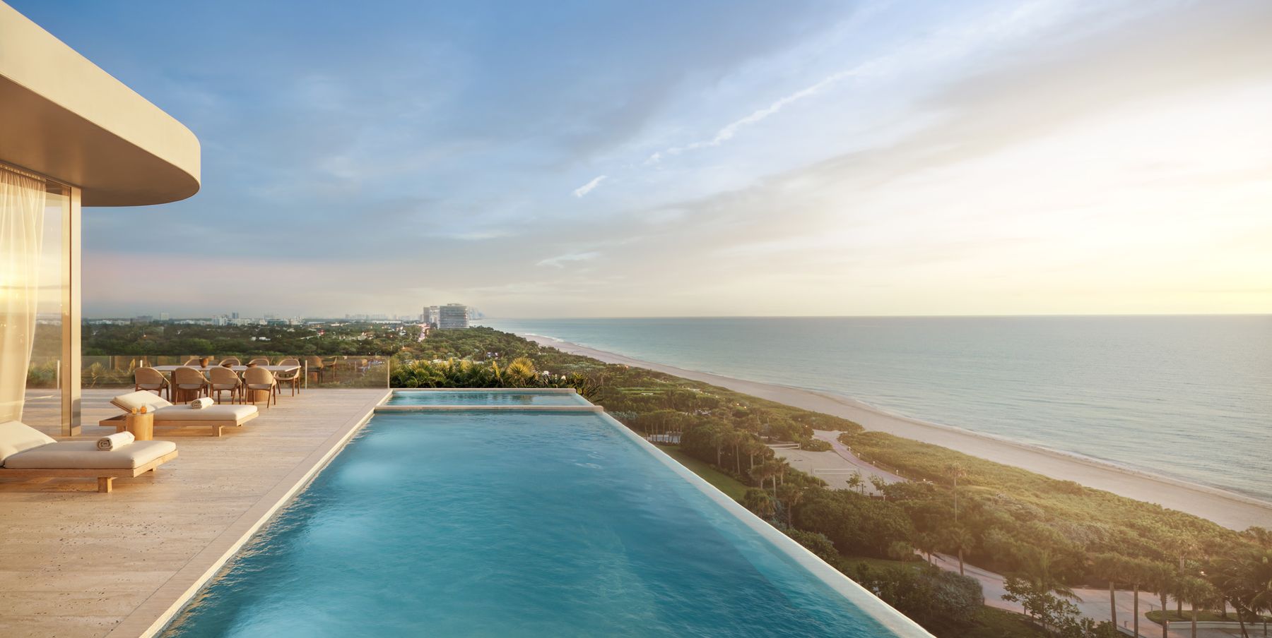 Rendering of a penthouse rooftop lap pool above the beach