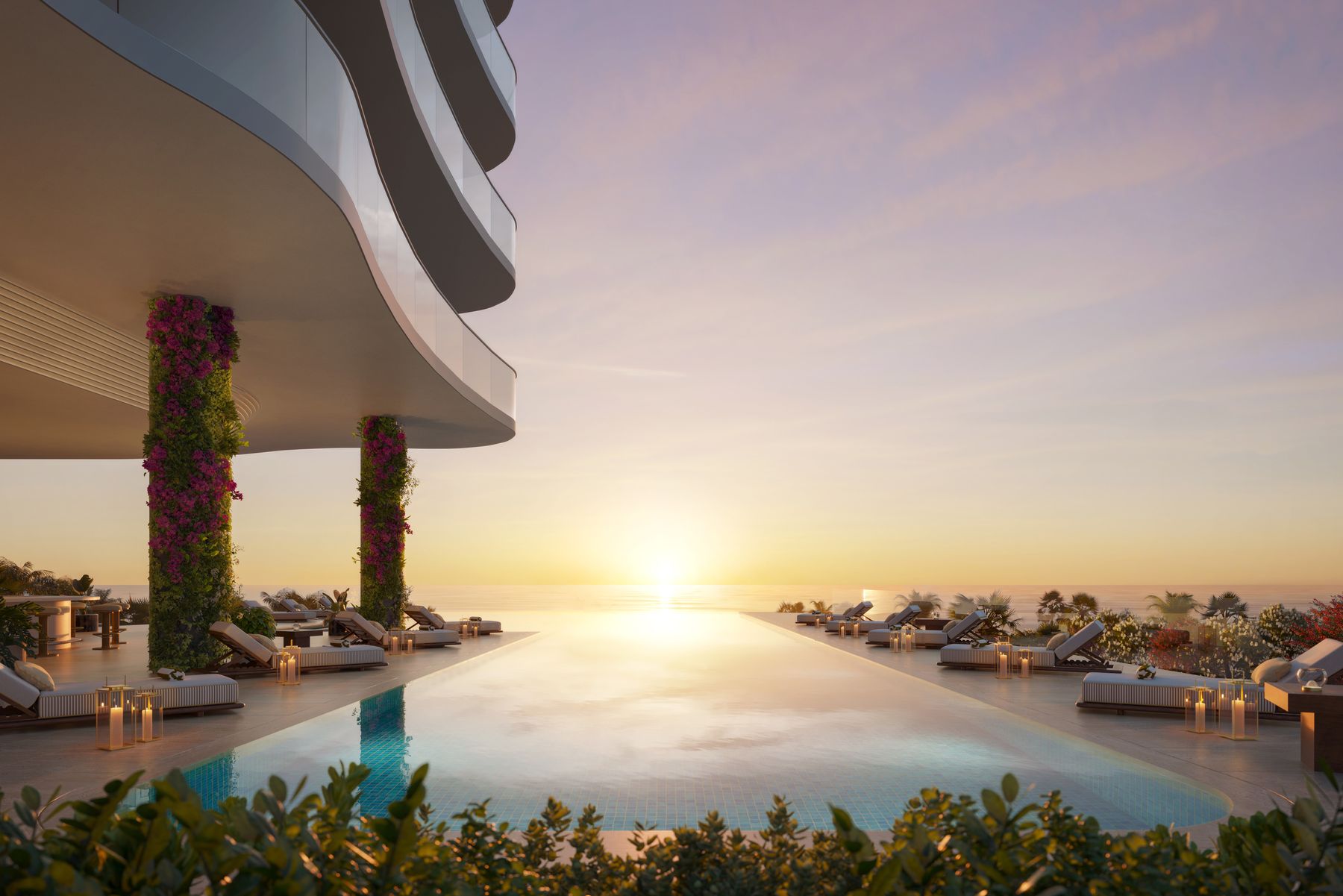 Rendering of the fifth floor Ocean Terrace pool deck at sunset