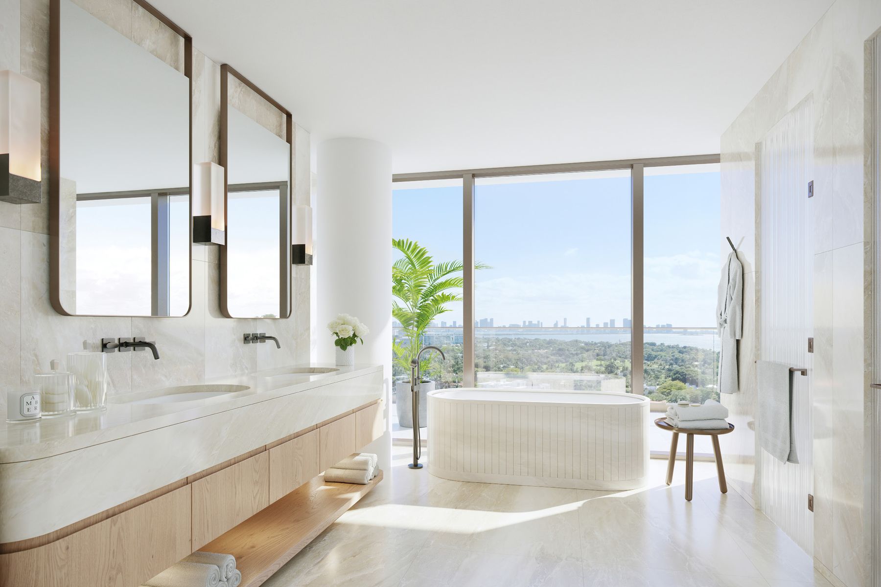 Rendering of a primary bath with freestanding tub and bay view