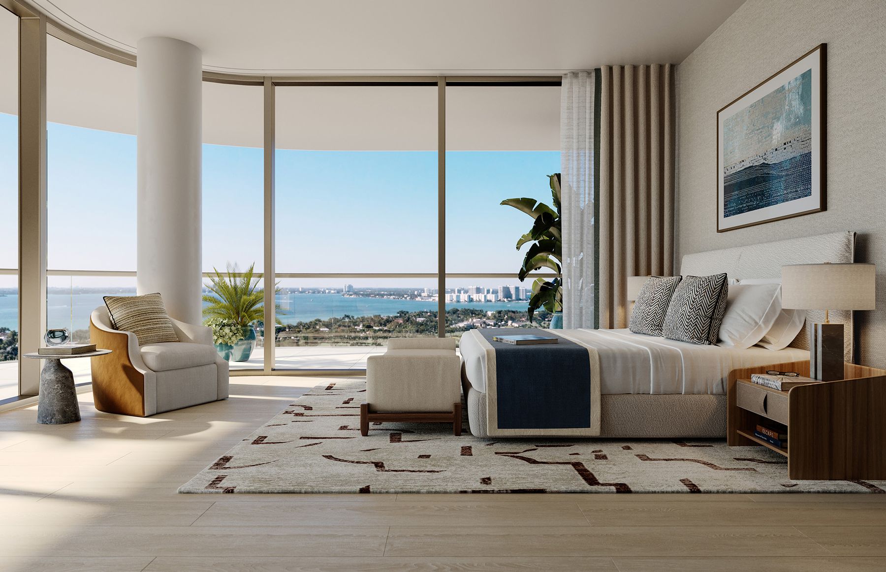 Rendering of a primary bedroom facing Biscayne Bay