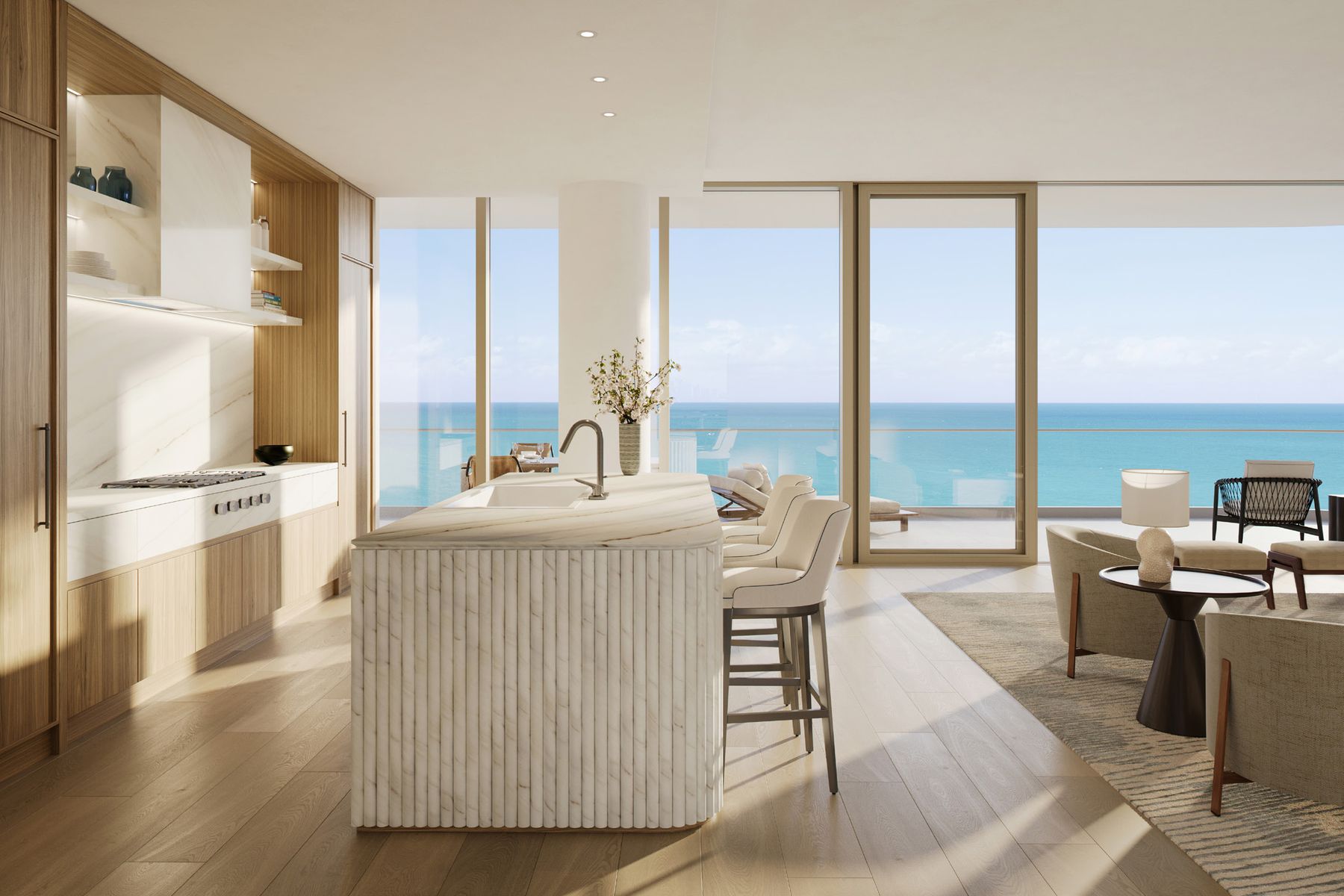 Rendering of a residence kitchen with marble island and ocean terrace