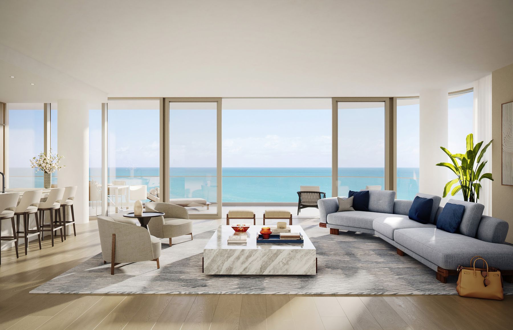 Render de la sala de una residencia enmarcada por el Atlántico