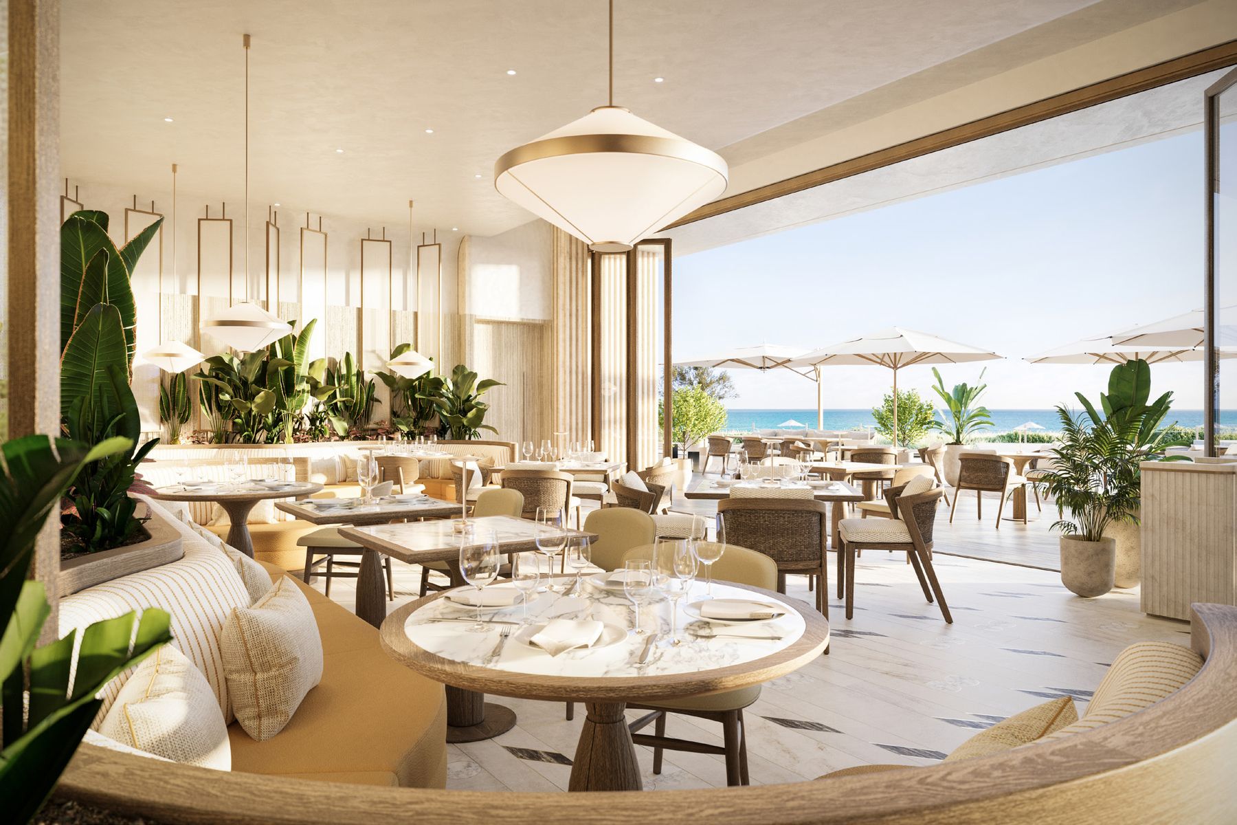 Render del restaurante reservado a residentes, abierto al mar