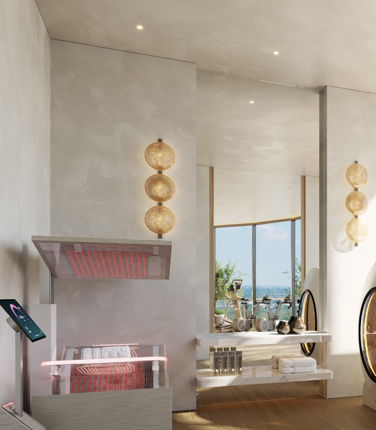 Render de la Longevity Suite del Upper Penthouse: una cama de terapia de luz roja, una cápsula hiperbárica y el gimnasio tras el vidrio