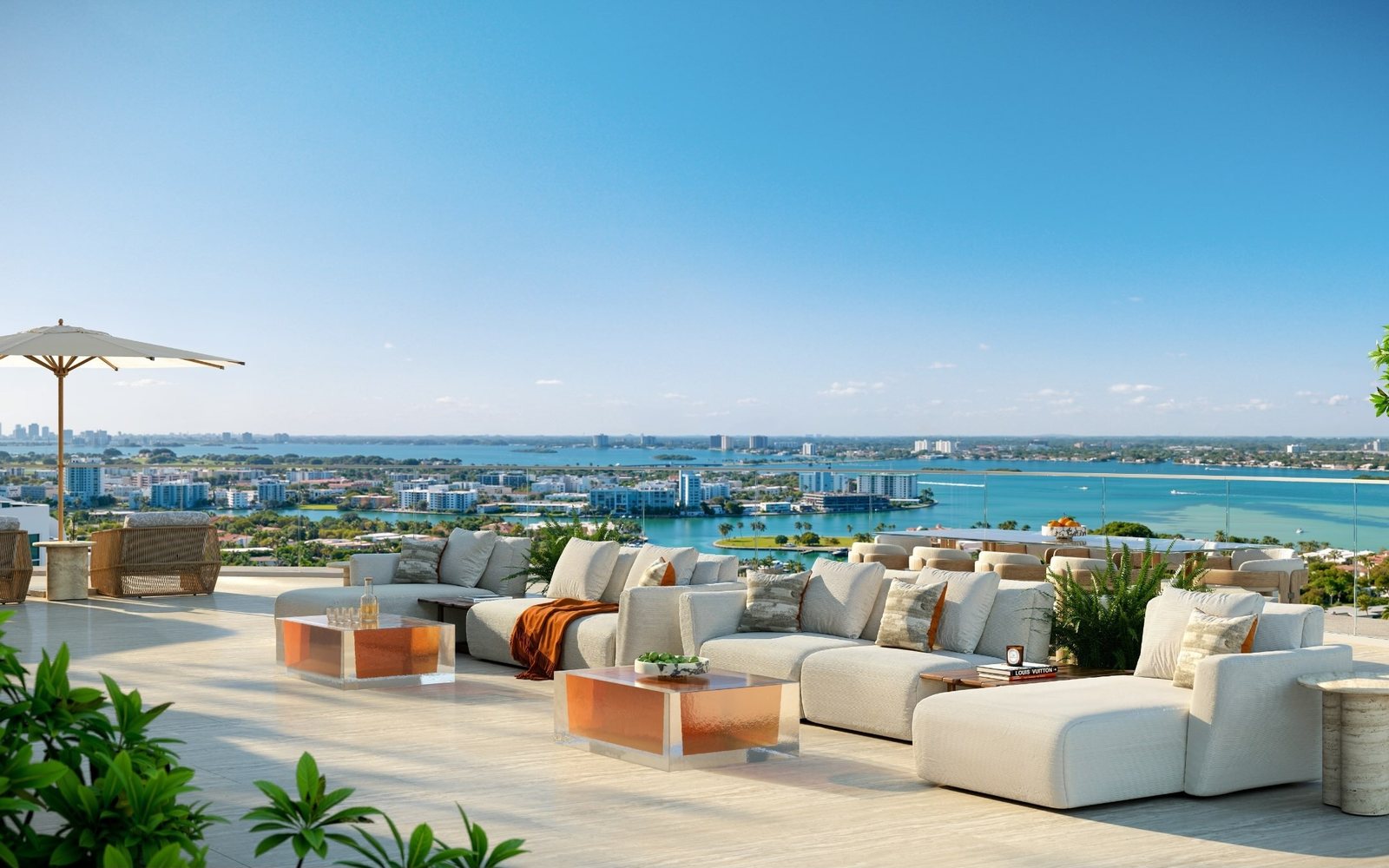 Render de la terraza salón del Upper Penthouse sobre Bal Harbour y la bahía de Biscayne