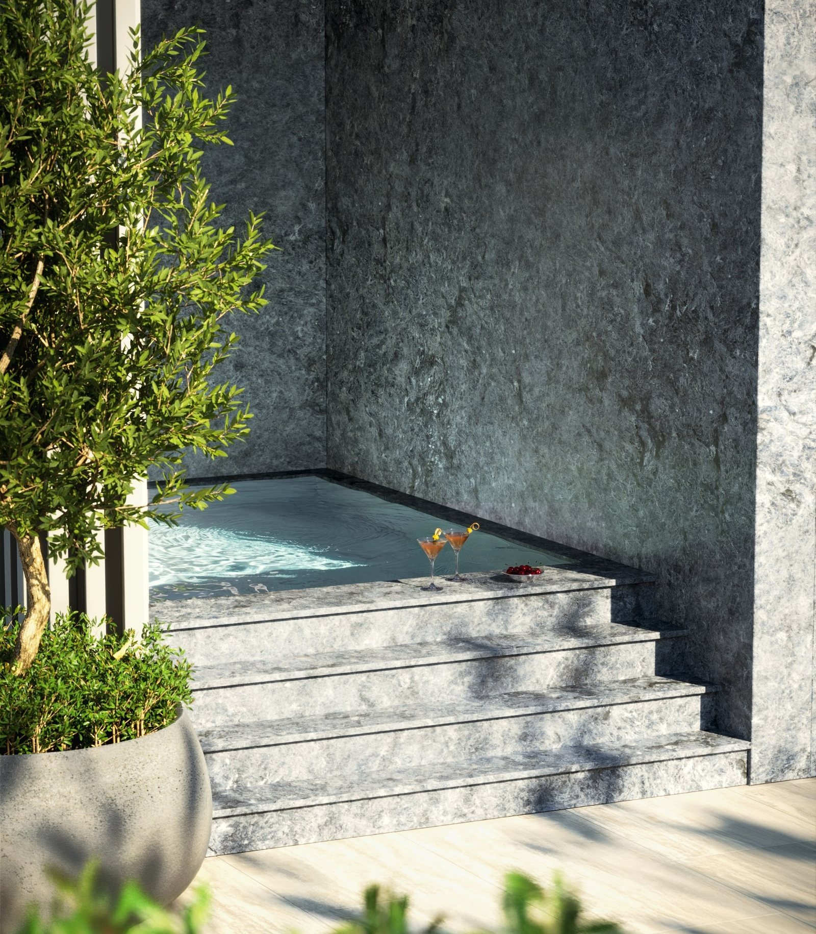 Render de la inmersión fría en piedra en la terraza spa del atardecer del Upper Penthouse