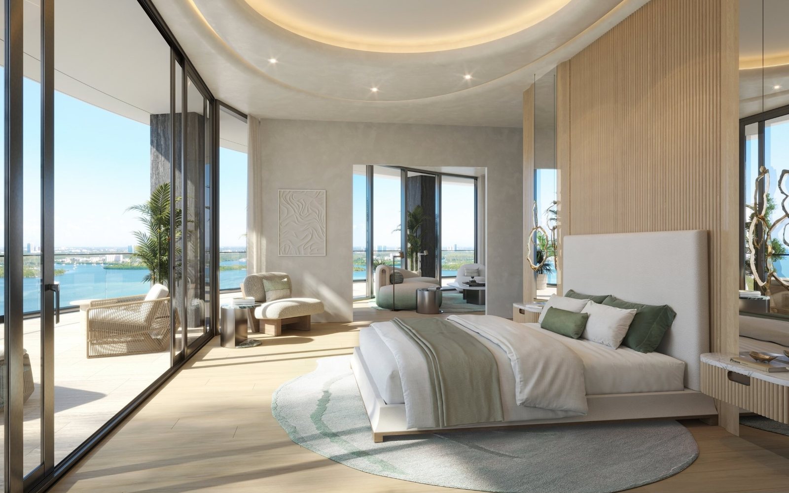Render de la recámara principal del Upper Penthouse abierta a la terraza y a la bahía